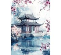 NEWENMO Arquitectura Tradicional China Diamond Painting Adultos Kit,DIY Flor de Ciruela Pintura de Diamantes,5D Diamond Art Kit,Bricolaje Dibujo con Diamantes,para Decoración del Hogar 30x40cm