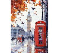NEWENMO Bricolaje Big Ben Diamond Painting Adulto,5D Cabina Telefónica Roja Pintura de Diamante Kit,Hojas de Otoño Diamond Art Kits,DIY Dibujo de Diamantes Kits,para Decoración de Hogar,30x40cm