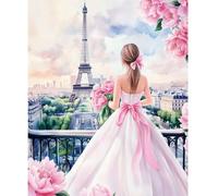 NEWENMO Eiffel Tower Pintar por Numeros Adultos,Elegante Dama Pintura por Numeros Kit,DIY Flores Paint by Numbers Adult,con 3 Pinceles y Pigmento Acrílico,Decoración para Hogar,Sin Marco-40x50cm