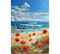 NEWENMO Hermosa Playa Diamond Painting Adultos Kit,DIY Amapolas y Olas Pintura de Diamantes,5D Azul Mar Diamond Art Kit,Bricolaje Dibujo con Diamantes,para Principiantes Decoración Hogar 30x40cm