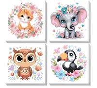 NEWENMO Kit de 4 Piezas Pintar por Numeros Niños Animales,Pintura por Numeros Niños de 6-8-12 Años con Marco,Patrón de Gatito Elefante Búho Tucán,DIY Paint by Numbers para Decoración Hogar 20x20cm