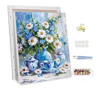 NEWENMO Margaritas Azules y Blancas Pintar por Numeros Adultos con Marco,Hermosas Flores Pintura por Numeros Kit,Pintura al 脫leo Kit,DIY Paint by Numbers Adult,para Decoraciones del Hogar 30x40cm