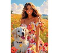 NEWENMO Mujer Hermosa y Perro Diamond Painting Kit para Adultos,DIY Paisaje Hermoso Pintura de Diamantes,5D Diamond Art Kit,Bricolaje Dibujo con Diamantes,para Decoración del Hogar 30x40cm