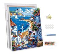 NEWENMO Paisajes Pintar por Numeros Adultos con Marco,Encantador Pueblo Costero Pintura por Numeros Set,Kit de Pintura al Óleo para Adultos,DIY Paint by Numbers Kits,para Decoración Hogar 30x40cm