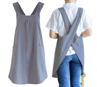 NEWGEM Delantales de cocina de lino japonés con espalda cruzada para mujer con bolsillos, lindos para hornear, pintura, jardinería, limpieza, gris