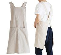 NEWGEM Delantales de cocina japoneses de lino con espalda cruzada para hombre con bolsillos para hornear, pintura, jardinería, limpieza, color caqui
