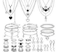 NEWITIN Juego de 45 piezas de joyas de plata para mujer, disfraz de fiesta, punk, juego de joyas góticas, accesorios góticos vintage, pulseras, aretes, anillos para mujeres y hombres, Adjustable