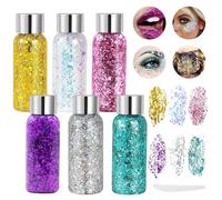 NEWJEK 6 Botellas Purpurina Cara Líquida, Glitter Cuerpo, Gel Pelo para Fiesta, Pelo, Labios, Uñas (Dorado, Plata, Blanco, Rosa, Verde, Morado)