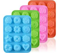 Newk Molde de silicona para chocolate con forma de flor, molde para hornear dulces de 12 cavidades para fiestas, festivales y manualidades, paquete de 4, verde, azul, rosa y naranja