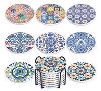 Newk Posavasos con patrón portugués, juego de 8 posavasos de cerámica absorbente con parte inferior de corcho, redondos, 4 pulgadas, multicolor