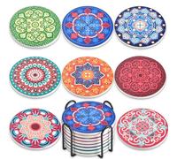 Newk Posavasos para bebidas, juego de 8 posavasos absorbentes de cerámica con soporte de metal, posavasos con patrones de mandala coloridos brillantes para mesa de café, gran regalo de inauguración de
