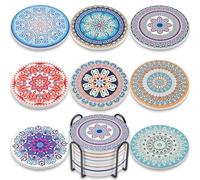 Newk Posavasos para bebidas, juego de 8 posavasos absorbentes de cerámica con soporte de metal, posavasos coloridos con patrones de mandala para mesa de café, gran regalo de inauguración de la casa