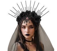 NewL Diadema de malla retro para fiesta de Halloween, diseño de reina, con diamantes de imitación, gótico, con velo de rosa, para fiestas temáticas, cosplay, Pascua