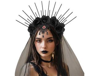 NewL Diadema de malla retro para fiesta de Halloween, diseño de reina, con diamantes de imitación, gótico, con velo de rosa, para fiestas temáticas, cosplay, Pascua