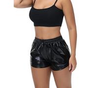 NewL Pantalones Cortos de Las Mujeres Brillantes metálicos Sexy Pantalones Reflectantes de Cintura Alta Sparkly Outfit Cintura elástica Rave Dance Party (Negro, XXL)