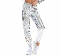 NewL Pantalones Deportivos Brillantes metálicos para Mujer, Estilo Casual, holográficos, Ropa Urbana, Hip Hop, a la Moda, Suaves, elásticos, Plata Brillante, L