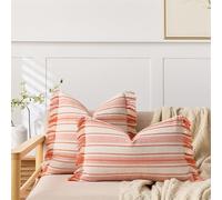 Newliky Fundas Cojines 50x50 cm Juego de 2 Lino Geométricas Textura a Rayas Fundas de Almohada con Borlas Decorativas Minimalista Granja Funda Cojin para Sofá Dormitorio Cama Jardin Naranja