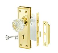 newliplace Juego de cerradura de mortaja con perilla de cristal, pomos de puerta antiguos dorados con cerradura y llave, se adapta a puerta interior, acabado de latón pulido