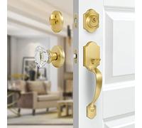 newliplace Juego de cerradura de puerta delantera, manija de puerta delantera dorada con cerrojo de un solo cilindro y perilla de cristal, reversible para puerta izquierda y derecha, acabado de latón