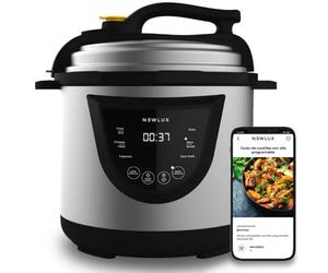 NEWLUX - Olla a Presión Programable 6L V110. Eléctrica de INOX, 10 Menús, 1000W, 24 h, Preserva el Calor, Efecto Presurización, Sistema Duopresión, Cubeta 100% Antiadherente, Acero inoxidable