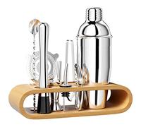 Newpop 750ML Coctelera, 10 Piezas Juego de Coctéles INOX con Soporte de Madera, Profesional Barman Herramientas con medidor, Cuchara, vertedor, para Mezclar Bebidas, hogar, Barra, Fiestas (Plata)