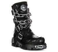 Newrock Bota Biker Reactor Calavera Llamas Hebilla Cadena Negro Plata 4-12