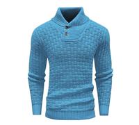 newrong Suéter para hombre, casual, ajustado, cuello alto, cuello de chal, botones de un cuarto, punto gofre, azul celeste, L