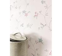 Newroom papel pintado azul pastel floral dormitorio salón | Estilo shabby chic, textura de lino fino, finas ramas de flores, crema con rosa palo, TNT no tejido, vintage, recibidor