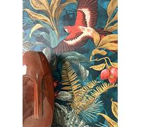 NEWROOM Papel pintado Azul Petróleo Selva Tejido no Tejido - Moderno Verde Rojo Hojas de Palmera Papagayo Tropical