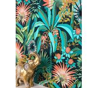 NEWROOM Papel pintado Azul Selva Tejido no Tejido - Moderno Turquesa Naranja Palmeras Hojas Tropical