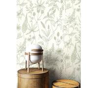Newroom papel pintado floral blanco flores silvestres salón moderno | Dibujo lineal fino de motivos botánicos, fondo crema con matiz verde, papel decorativo para dormitorio, pasillo y recibidor