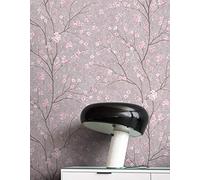 NEWROOM Papel pintado Gris Flores Tejido no Tejido - Floral Purpura Flor de Cerezo Árboles Tropical