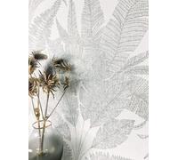 Newroom papel pintado gris hojas de palmera selva salón | tacto textil mate, fondo crema con helechos grises, motivo floral boho, no tejido, dormitorio y recibidor