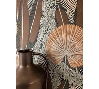 Newroom Papel Pintado Marrón Selva Tropical Palmeras Dormitorio Salón | Hojas art déco, brillo metálico, verde oscuro y negro con terracota y beige, papel pintado tnt, pasillo y despacho