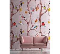 NEWROOM Papel pintado Rosa Arboles Tejido no Tejido - Moderno Marron Amarillo Pájaros Hojas Floral