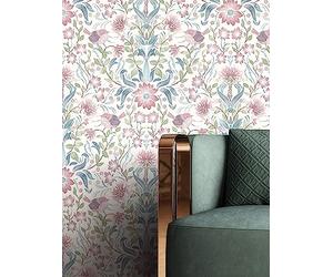 NEWROOM Papel pintado Rosado Flores Tejido no Tejido - Floral Azul Verde Hojas Pájaros Romántico