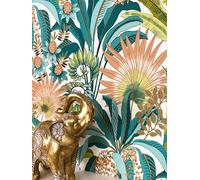 Newroom Papel Pintado TNT Selva Piñas Turquesa Salón Dormitorio | Motivo floral con detalle exótico, textura de lino, tonos petróleo y albaricoque, paisaje tropical, para infantil y oficina