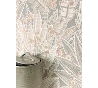 Newroom Papel Pintado TNT Selva Tropical Gris Salón Dormitorio | Textura de lino mate, hojas de palmera con bayas y flores, tonos claros con albaricoque y crema, pasillo, cocina