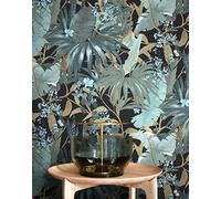 NEWROOM Papel pintado Turquesa Selva Tejido no Tejido - Floral Negro Beige Flores Hojas Tropical