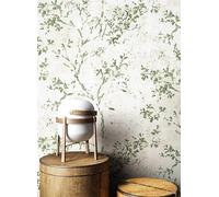NEWROOM Papel pintado Verde Hoja Tejido no Tejido - Floral Beige Blanco Ramas Zarcillo de la hoja Óptica 3D