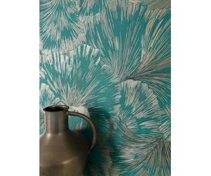 Newroom papel pintado verde hojas palmeras selva tropical salón | reflejos plateados, relieve lineal grabado, estilo boho tropical, papel pintado floral, dormitorio, comedor