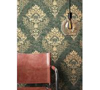 NEWROOM Papel pintado Verde Ornamento Tejido no Tejido - Barroco Beige Oro Esplendor Glamour