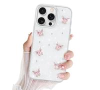 Newseego Funda para iPhone 16 Pro, Cubo 3D Glitter Carcasa Transparente de Mariposa para Niñas Mujer TPU Suave y Delgado Carcasa Resistente a Los Golpes para iPhone 16 Pro-Rosa