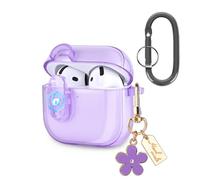 Newseego Funda Transparente Compatible con AirPods 4ª generación 2024, Carcasa con Llavero de Flores para Niñas Funda Protectora de Cuerpo Entero a Prueba de Golpes para AirPods 4 Gen-Púrpura