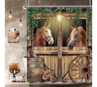 Newsely Cortina de Ducha con diseño de Caballo Occidental, 60 Pulgadas de Ancho x 72 Pulgadas de Alto, Puerta de Granero, Vaquero, Hojas Verdes del Salvaje Oeste, Juego de baño, Ruedas Viejas,