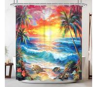 Newsely Cortina de ducha con diseño de océano, 152 cm de ancho x 182 cm de largo, playa, hojas tropicales, hawaiano, rústico, rojo brillante y amarillo, tortugas marinas, juego de baño, puesta de sol