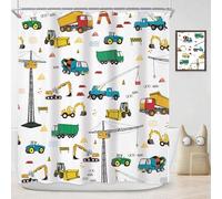 Newsely Cortina de ducha con excavadora para niños, 60 pulgadas de ancho x 72 pulgadas de alto, construcción de dibujos animados, maquinaria, camiones, vehículos, niños, cortina de ducha, juego de