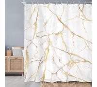 Newsely - Cortina de ducha de mármol blanco y dorado 1,83 x 2,13 m, diseño abstracto moderno, textura de lujo con grietas, tinta líquida, geométrica, cortina de ducha de baño, impermeable, decoración
