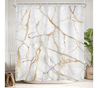 Newsely Cortina de Ducha de mármol Blanco y Dorado de 152 cm de Ancho x 182 cm de Alto, Abstracta, Moderna, grieta, Textura de Lujo, Tinta líquida, geométrica, Juego de Cortina de baño única e