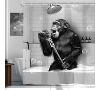 Newsely Cortina de Ducha Divertida de Mono de 72 Pulgadas de Ancho x 72 Pulgadas de Alto, Color Blanco y Negro, Animal, chimpancé Cantando en la bañera, Juego de Cortina de Ducha para Hombres y niños